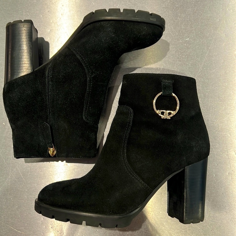 Tory Burch Black Suede Block Heel Ankle Boots with Gold Ring Accent